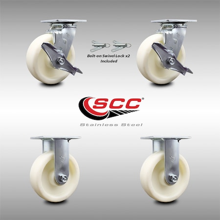 Service Caster 6 Inch Stainless Steel Nylon Caster Set with 2 Brakes/Swivel Lock 2 Rigid SCC SCC-SS30S620-NYR-TLB-BSL-2-R-2